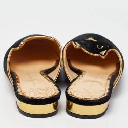 Charlotte Olympia Black Velvet Kitty Slip On Flat Mules Size 38.5