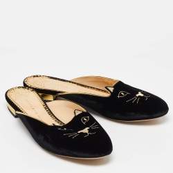 Charlotte Olympia Black Velvet Kitty Slip On Flat Mules Size 38.5