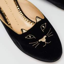 Charlotte Olympia Black Velvet Kitty Slip On Flat Mules Size 38.5
