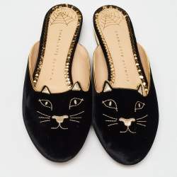 Charlotte Olympia Black Velvet Kitty Slip On Flat Mules Size 38.5