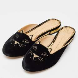Charlotte Olympia Black Velvet Kitty Slip On Flat Mules Size 38.5