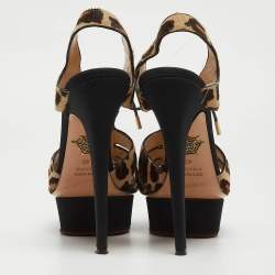 Charlotte Olympia Beige/Brown Leopard Calf hair Lace Up Platform Sandals Size 40
