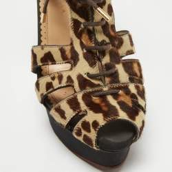 Charlotte Olympia Beige/Brown Leopard Calf hair Lace Up Platform Sandals Size 40