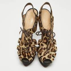 Charlotte Olympia Beige/Brown Leopard Calf hair Lace Up Platform Sandals Size 40