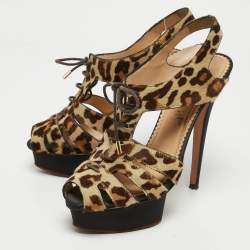 Charlotte Olympia Beige/Brown Leopard Calf hair Lace Up Platform Sandals Size 40
