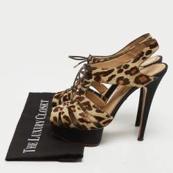 Charlotte Olympia Beige/Brown Leopard Calf hair Lace Up Platform Sandals Size 40
