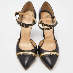 Charlotte Olympia Black Leather Studded Pointed Toe Ankle Strap Pumps Size 39