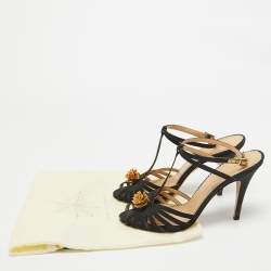 Charlotte Olympia Black Satin Flower Detail Ankle Strap Sandals Size 40