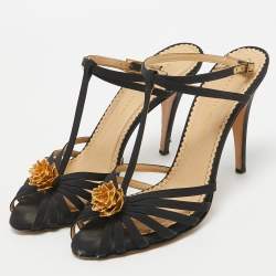 Charlotte Olympia Black Satin Flower Detail Ankle Strap Sandals Size 40