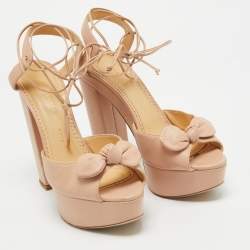 Charlotte Olympia Light Pink Leather Bow Ankle Tie Platform Sandals Size 41