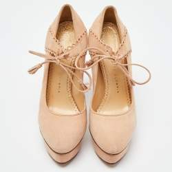 Charlotte Olympia Salmon Peach Suede Dolly Platform Pumps Size 38.5