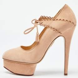 Charlotte Olympia Salmon Peach Suede Dolly Platform Pumps Size 38.5