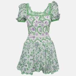 Pre Owned Charo Ruiz White/Green Broderie Anglaise Cotton Tiered Mini Dress 
