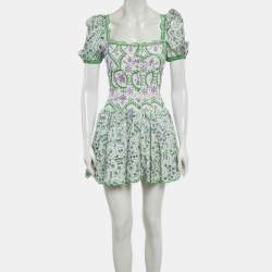 Pre Owned Charo Ruiz White/Green Broderie Anglaise Cotton Tiered Mini Dress 