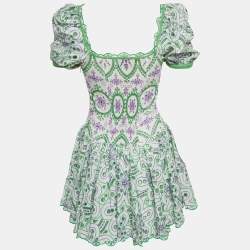 Pre Owned Charo Ruiz White/Green Broderie Anglaise Cotton Tiered Mini Dress 