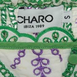 Pre Owned Charo Ruiz White/Green Broderie Anglaise Cotton Tiered Mini Dress 