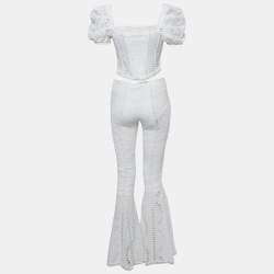 Pre Owned Charo Ruiz White Broderie Anglaise Cotton Top and Flared Pants Set S