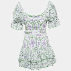 Pre Owned Charo Ruiz White/Green Broderie Anglaise Cotton Tiered Mini Dress L