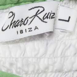 Pre Owned Charo Ruiz White/Green Broderie Anglaise Cotton Tiered Mini Dress L
