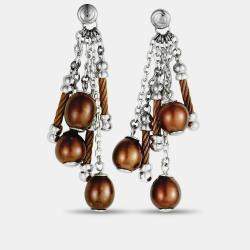 Pre Owned Charriol Pearl Stainless Steel and Bronze PVD Brown Pearls Dangle Push Back Earrings