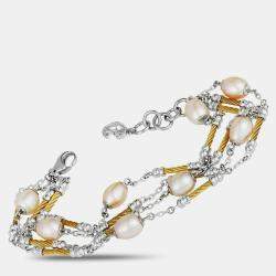 Pre Owned Charriol Pearl Stainless Steel and Yellow PVD Cream Pearls Bracelet