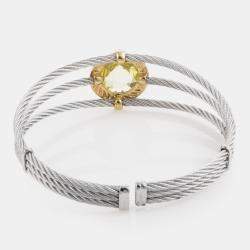 Pre Owned Charriol Celtic Classique Stainless Steel Yellow Gold Plated Diamonds and Lemon Citrine Cable Bangle Bracelet