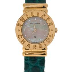 Pre Owned Philippe Charriol Yellow Mother Of Pearl Gold Plated Leather 28_9-12218 Women's Wristwatch 24 mm