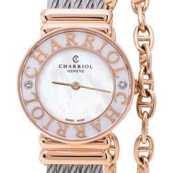Pre Owned Charriol White Mother of Pearl Stainless Steel Diamonds Rose Gold Plated St-Tropez ST028.3 Women's Wristwatch 24.50 mm