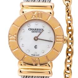 Pre Owned Charriol White Mother of Pearl Stainless Steel Gold Plated St-Tropez Ref.028R Women's Wristwatch 24.50 mm