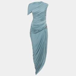 Pre Owned Chats By C.Dam Blue Jersey Rushed One Shoulder Maxi Dress M