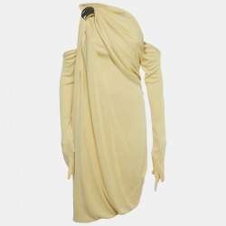 Pre Owned Chats By C.Dam Yellow Jersey One-Shoulder Draped Mini Dress S