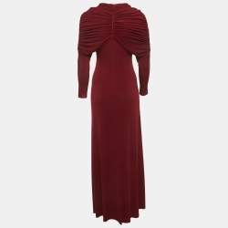 Pre Owned Chats By C.Dam Dark Red Lycra Raw Edge Detail Ruched Maxi Dress S