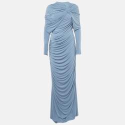 Pre Owned Chats By C.Dam Blue Jersey Draped Emera Maxi Dress S