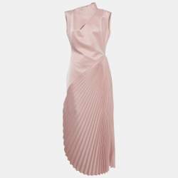 Pre Owned Chats By C.Dam Pink Plisse Asymmetrical Pleated Midi Dress M