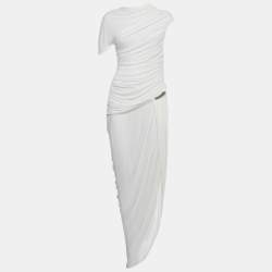 Pre Owned Chats By C.Dam White Jersey Rushed Brooch Detail Maxi Dress M