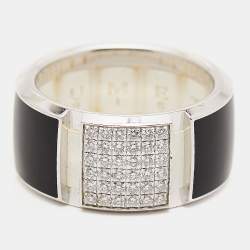 Chaumet Class One Onyx Diamond 18k White Gold Rubber Backing Band Ring Size 54