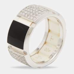 Chaumet Class One Onyx Diamond 18k White Gold Rubber Backing Band Ring Size 54