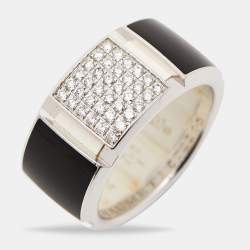 Chaumet Class One Onyx Diamond 18k White Gold Rubber Backing Band Ring Size 54