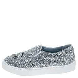 Chiara Ferragni Metallic Silver Glitter Slip On Sneakers Size  41