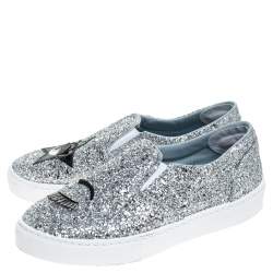 Chiara Ferragni Metallic Silver Glitter Slip On Sneakers Size  41