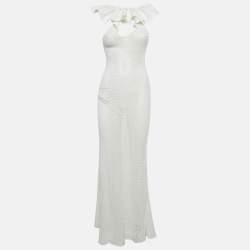 مملوكة مسبقًا Chio White Stretch Crochet Ruffled Sheer Maxi Dress S