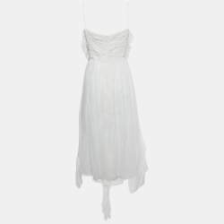 Pre Owned Chloé White Ramie Ruffled Asymmetric Midi Dress M