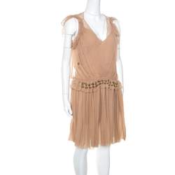 Pre Owned Chloe Pinky Beige Silk Crepon Pleated Embellished Dress S