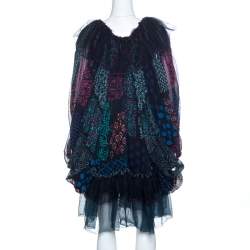 Chloe Multicolor Block Print Ruffle Trim Dress S