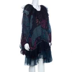 Chloe Multicolor Block Print Ruffle Trim Dress S