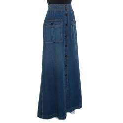 Chloe Indigo Denim Button Front Flared Maxi Skirt L