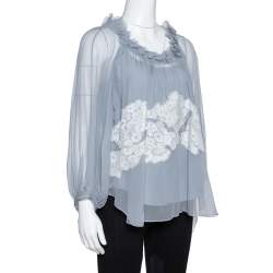 Pre Owned Chloe Grey Silk Crepon Lace Appliqued Ruffled Blouse S