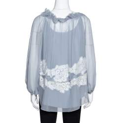 Pre Owned Chloe Grey Silk Crepon Lace Appliqued Ruffled Blouse S