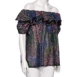 مملوكة مسبقًا Chloe Multicolored Printed Cotton & Lurex Striped Ruffled Off-Shoulder Top S