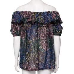 مملوكة مسبقًا Chloe Multicolored Printed Cotton & Lurex Striped Ruffled Off-Shoulder Top S